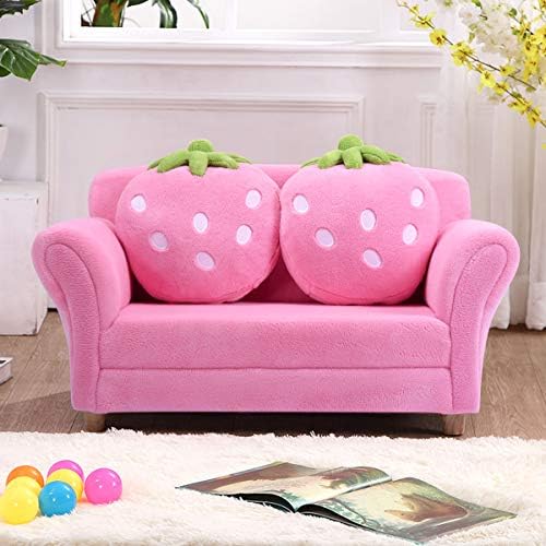 Costzon Kids Couch, Double Seat Pink Children's Sofa with 2 Strawberry Pillows, Toddler Armrest Chair for Bedroom, Living Room