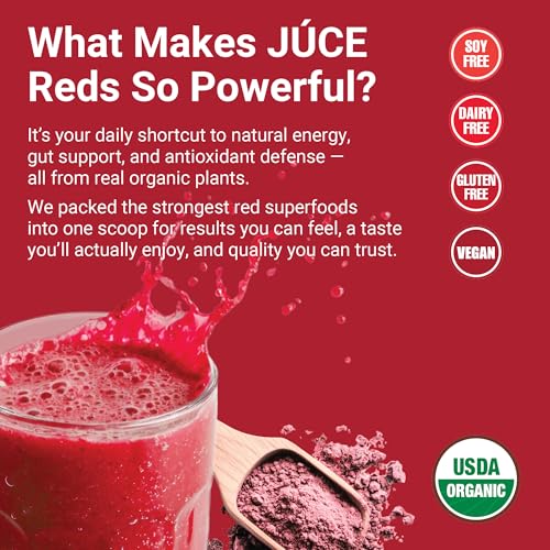 Juce Reds Organic Superfood Powder | Beet Root, 64 Superfoods | 20 Servings | Garden Berry flavor | Probiotics