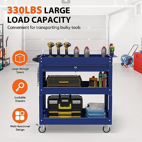 3-Tier Heavy Duty Utility Cart on Wheels, Rolling Tool Cart on Wheels with a Drawer, 350 Lbs Load Capacity Service Cart for Warehous, Garage and Repair Shop (Black)