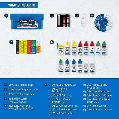 Taylor Pool Water Test Kit, Complete Swimming Pool Water Test Kit, for Chlorine, pH, and Alkaline Levels, Ideal for Pools, Hot Tubs, and Spas