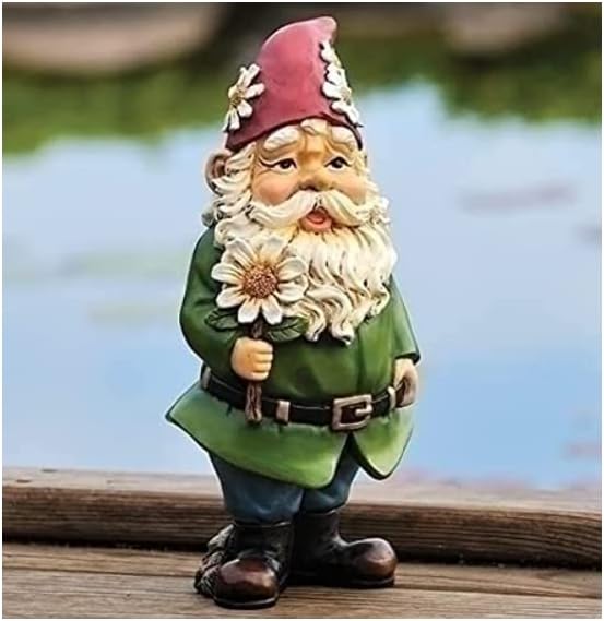Giftware by Roman Inc., 12.25" H GNOME with Daisy Statue, Garden Collection, Outdoor Statue, Memorial, Resin Stone, Adorable Frogs and Flowers