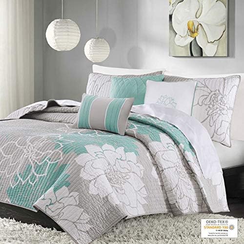 Madison Park Cotton Casual Floral Quilt Set, 6PC Full/Queen Coverlet | Channel Stitching Design, All Season, Lightweight Coverlet Bedspread Bedding, Shams, Decorative Pillows, Taupe Grey/Purple