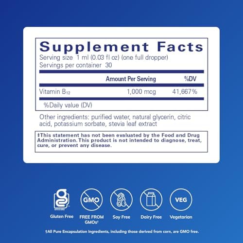 Pure Encapsulations B12 Liquid | 1, 000 mcg Vitamin B12 (Methylcobalamin) Supplement to Support Nerves, Immune Health, Energy