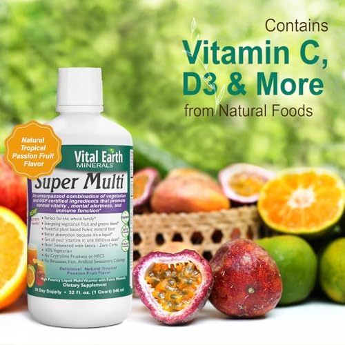 Vital Earth Minerals Super Multi – Liquid Multivitamins for Women, Men & Kids, Liquid Vitamins with Fulvic Acid for Better Absorption, MTHFR Support, 32 Oz + 1 Oz Cup