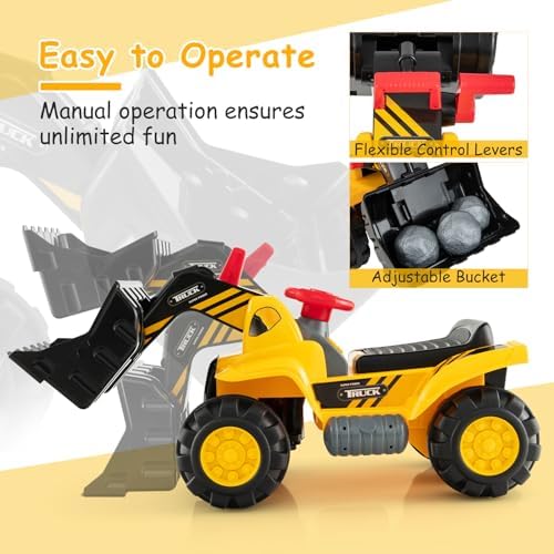 Costzon Ride on Excavator, Ride on Construction Vehicles w/Helmet, 3 Toy Stones, Realistic Sound, Adjustable Bucket & Under Seat Storage, Bulldozer Ride on Toy Gift for Kids Boys & Girls