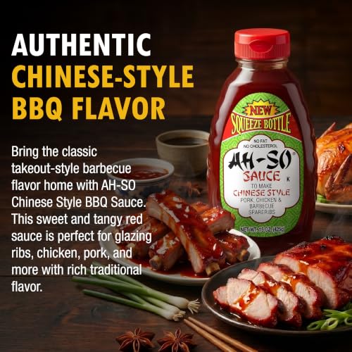 Ah-So Chinese-Style BBQ Sauce, Red Rib 15 oz Squeeze Bottle – Sweet & Tangy Spare Rib Marinade and Glaze for Pork, Chicken & Wings; Classic Takeout Flavor, Ready to Use.