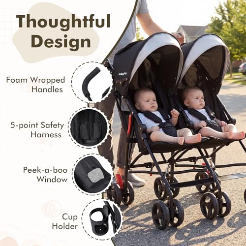 BABY JOY Double Umbrella Stroller, Lightweight Travel Side by Side Twin Stroller with Large Storage, Cup Holder, 5-Point Safety Harness, Adjustable Canopy & Compact Fold for Infant and Toddler (Black)