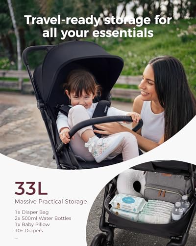 Momcozy TuckGo Ultra-Compact Travel Stroller for Toddlers, Carry-On Ready | Reclining Seat with UPF 50+ Canopy, Adjustable Leg Rest, 33 L Storage and Travel Bag Included