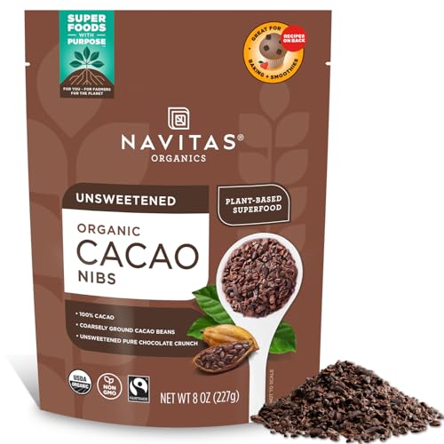 Navitas Organics Cacao Nibs – Unsweetened Dark Chocolate Crunch – Antioxidants, Minerals, Fiber – For Trail Mix, Baking & More – USDA Organic, Fairtrade, Non GMO, Gluten Free, Non-alkalized (8oz. Bag 76 Servings)
