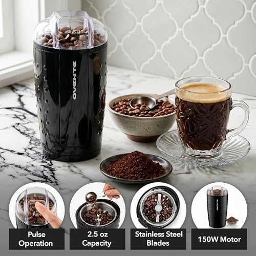 OVENTE Electric Coffee Grinder with One Touch Push-Button, White CG225W | 2.5oz Capacity, 150W Motor, Stainless Steel Blades for Uniform Grinding of Beans, Spices, Herb, Nuts & More, Safety Lock Lid