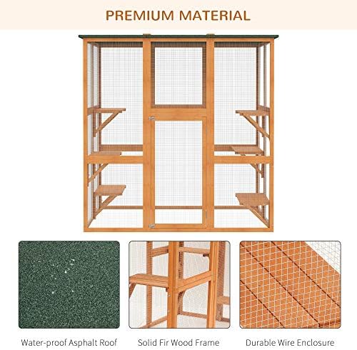 PawHut Outdoor Cat House Big Catio w/Large Spacious Interior 71" L Orange | Wooden Feral Cat Shelter Enclosure, 6 High Ledges