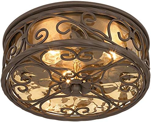Casa Seville 12" Walnut Rustic Indoor-Outdoor Ceiling Light Fixture | Flush-Mount Dark Scroll Water Glass Damp Rated for Exterior House Porch Patio Outside Deck Garage Front Door Home
