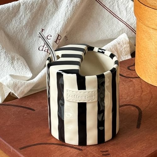 Ceramic Coffee Mugs 10 oz Retro Striped Coffee Mug No Handle with Straw | Porcelain Coffee Cups Hand-Painted Striped Art
