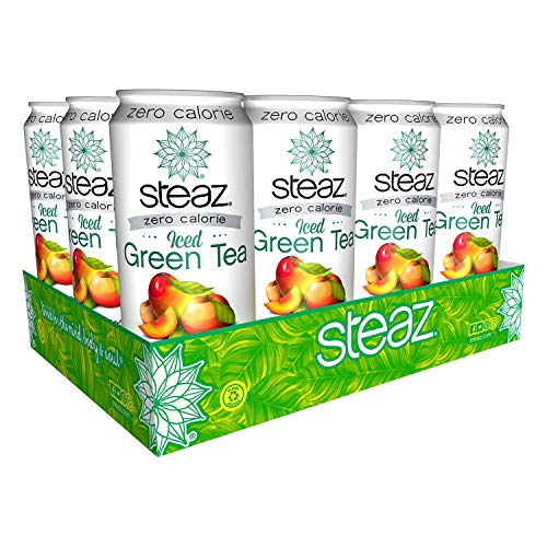 Steaz - Organic Green Tea - Peach (12 Pack) - 30mg Natural Caffeine, 70 Calories,Cane Sugar - Sweetened Iced Tea - Regenerative Organic Certified®️ - Vegan, Direct Trade - 12 Cans, 16 fl oz