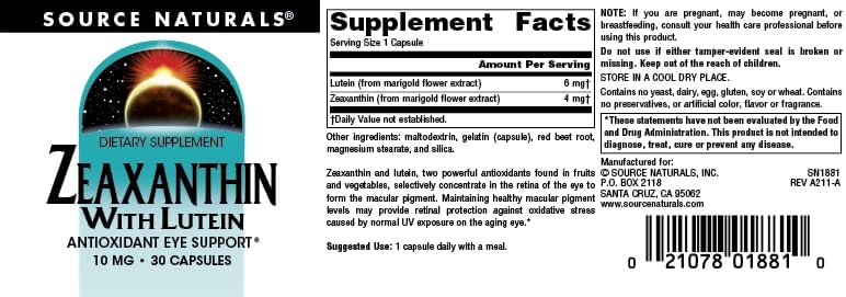 Source Naturals Zeaxanthin with Lutein, Antioxidant Eye Support* - 10 mg - 30 Capsules