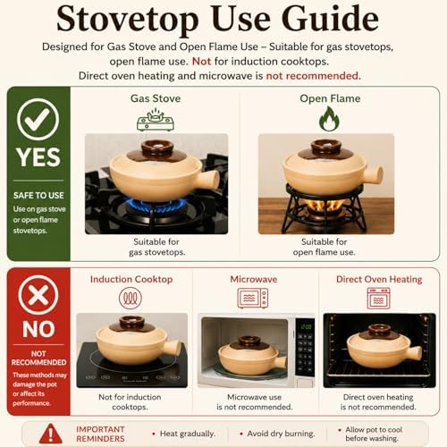 XICHENGSHIDAI Clay Pot for Cooking with Lid and Handle, 1 Qt / 1000ml Ceramic Claypot Rice Pot, Heat-Retaining Asian Casserole Stew Pot for Gas Stove
