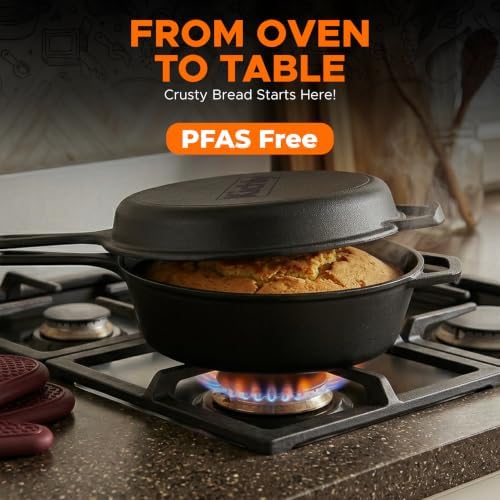 KICHLY Combo Cooker Cast Iron Dutch Oven with Lid 2 in1, PFAS Free Pre-seasoned Multi Cookware Skillet