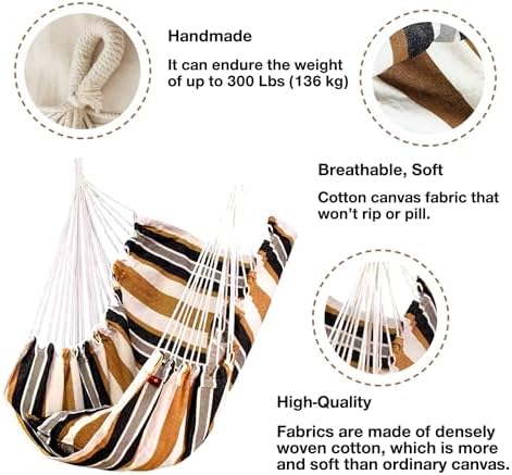 Hommtina Hammock Chair Hanging Rope Swing, Max 300 Lbs Hanging Chair with Pocket & Durability Perfect for Outdoor, Home, Bedroom, Patio