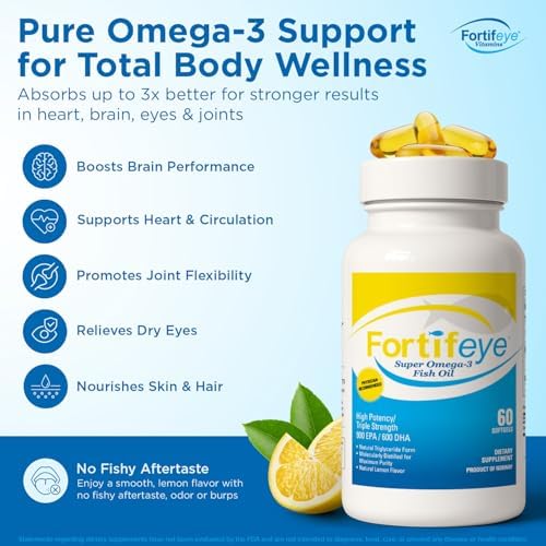 Fortifeye Super Omega-3 Fish Oil - 60 Count - 1600mg EPA + DHA - Triple Strength Ultra-Pure rTG Omega-3 Expertly Concentrated & Purified in Norway from Sustainably Sourced Wild Fish - Lemon Flavor