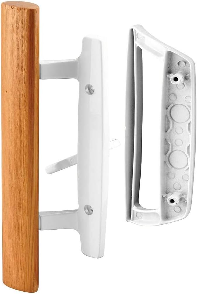 Mortise Style Reversible Sliding Patio Door Handle Set with Oak Wood Interior Handle and Exterior Pull in White Diecast Finish Fits 3-15/16” Screw