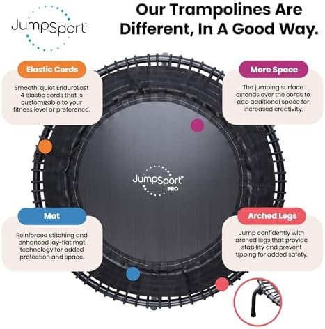 JumpSport 550 Workout Rebounder for Adults, 44" | PRO CE | Mini Exercise Fitness Trampoline Jumper with Cables | Black