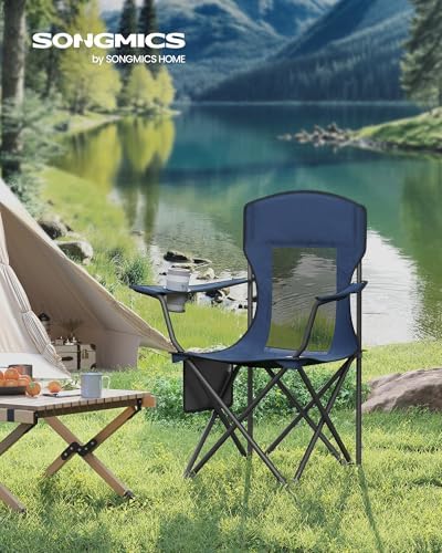 SONGMICS Camping Chair, Folding Oversized Chair, Comfortable and Heavy-Duty, 352 lb Weight Capacity, Adjustable Armrests with Cooler Bag, Storage Bag, Breathable Mesh, Bijou Blue UGCB060Q01