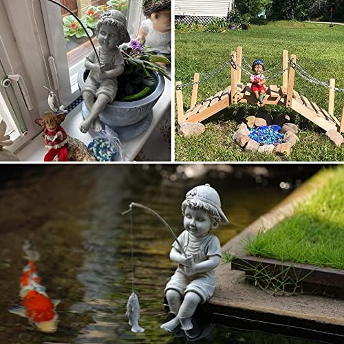 Goodeco Fisherboy Statue Garden Decor - 11" Little Fishing Guy for Koi Pond or Waterfalls, Poolside Statue with Glow in Dark Pebbles Included