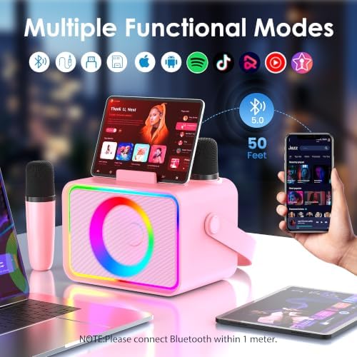 Karaoke Machine for Kids Adults,Portable Bluetooth Speaker with 2 Wireless Microphone with LED Lights, Karaoke Microphone with PA System Supports USB/TF/AUX,Gift for Party (Black)