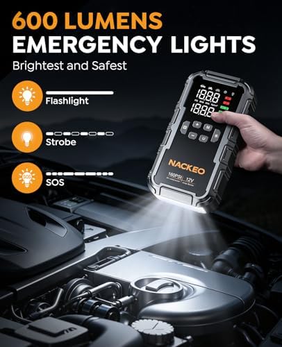 8000A Car Battery Jump Starter with Air Compressor 160PSI, Car Jumper Starter Portable (All Gas 12L Diesel), 12V Jump Box Car Battery with 600LM Light