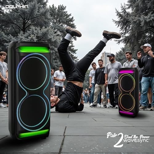 Dolphin Bluetooth Party Speaker with UHF Wireless Microphone, Dual 15" | 100W RMS, X-BASS, WaveSync TWS, LED Lights, USB, TF/SD, AUX, FM