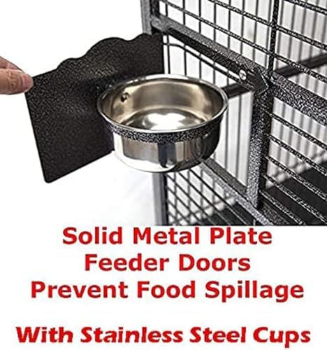 Large Elegance and Durable Wrought Iron Open Play Top Stand Bird Parrot Rolling Cage, Include Metal Seed Guard Solid Metal Feeder Nest Door (White Vein, 24.0" L x 22.0" W x 63.0" H)