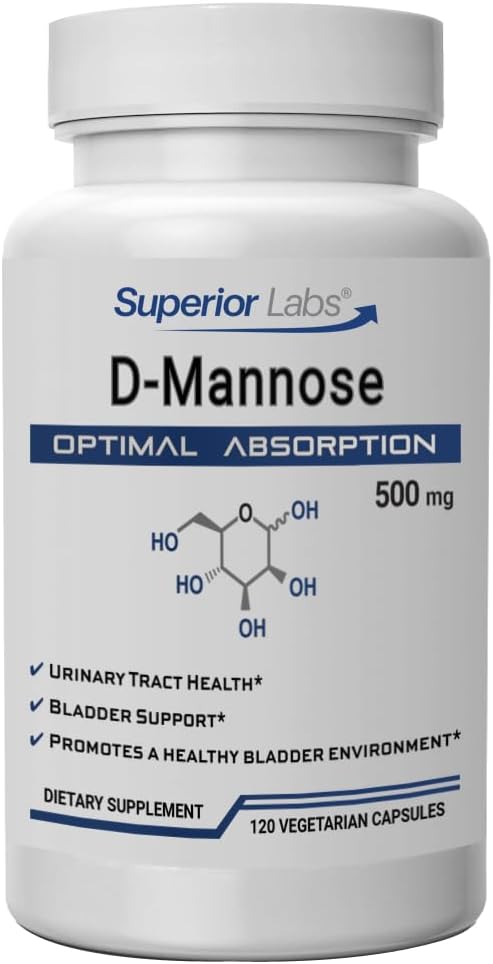 Superior Labs D-Mannose 500 mg, Pure Non-GMO Optimal Absorption Prebiotic, Urinary Tract, Bladder & Kidney UTI Support, Digestive & Liver Health Aid