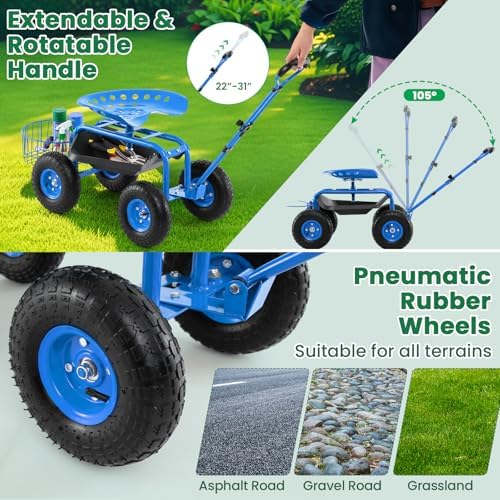 Giantex Rolling Garden Cart with Seat, 4-Wheel Gardening Workseat with Storage Basket, Swivel Stool Adjustable Seat, Steering Handle