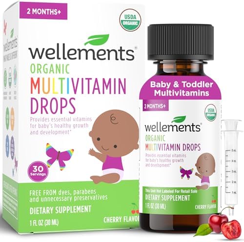 Organic Liquid Baby Multivitamin Drops Cherry Flavor (1 Fl Oz) 2 Months+ | Multivitamins Drops for Infants & Toddlers - Toddler Vitamins for Immune