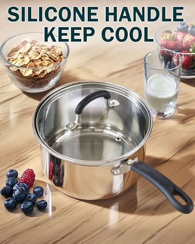 Cook N Home Professional 2 Quart Stainless Steel Saucepan with Lid, Small Kitchen Induction Cooking Sauce Pot Pan, Stay-Cool Silicone Handle, Dishwasher Safe