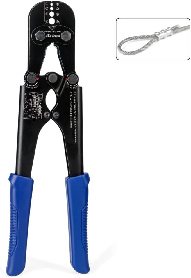 iCrimp Wire Rope Crimping Tool for Aluminum Loop Sleeve, Two Barrel Ferrule, Oval Sleeves, 3/64 in to 1/8 in, Swaging Tool Kit with Wire Rope Cutter