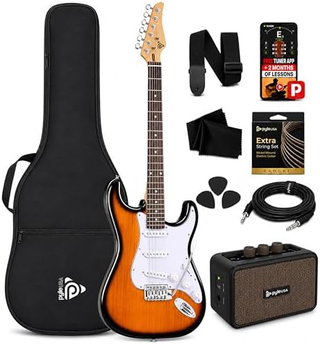 Pyle Electric Guitar and Amp Kit - Full Size 39" Complete Starter Kit with Wearable Bluetooth Amplifier, 1/4” Cable, Carry Case, Strap, Strings, Picks, Cleaning Cloth, ST-Style Pickups (Black)