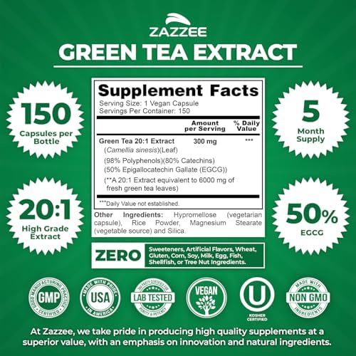 Zazzee Extra Strength Green Tea 20:1 Extract, 50% EGCG, 150 Vegan Capsules | 98% Polyphenols, 80% Catechins, 5 Month Supply, Certified Kosher, Antioxidant & Metabolism Support, Non-GMO, Made in the USA