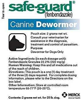 SAFE-GUARD (fenbendazole) Canine Dewormer for Dogs, 2gm pouch (ea. pouch treats 20lbs.), Blue, 0.07 Ounce (Pack of 3) (033576/001-033576)