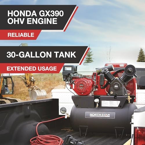 NorthStar Gas Air Compressor, 30-Gallon, 90 PSI, 24.4 CFM at 90 PSI | Honda GX390 OHV engine, Horizontal tank, Portable shop-air supply