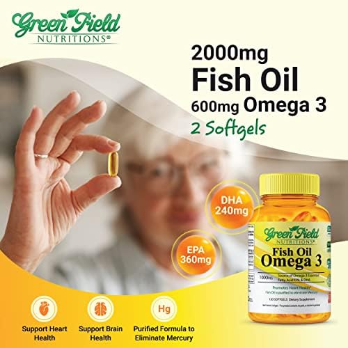 Greenfield Nutritions Halal Fish Oil 1000mg, 300mg Halal Omega 3, Small Wild Peruvian Fish Oil Halal Vitamins, EPA 180 mg & DHA 120mg, Non-GMO