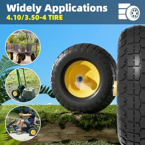 【UPGRADED】4.10/3.50-4 Tire and Wheel Flat Free, 10 Inch Solid Rubber Tire with 5/8”Axle Bore Hole and Double Sealed Bearings
