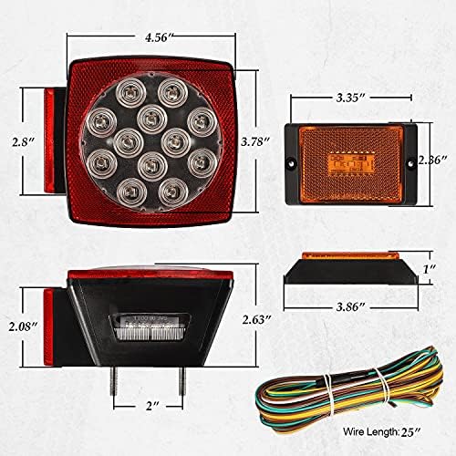 Partsam 12V Waterproof Square LED Trailer Tail Light Kit Clear Lens Red Trailer Brake Stop Tail Turn Signal Running Lights License Kit for Camper