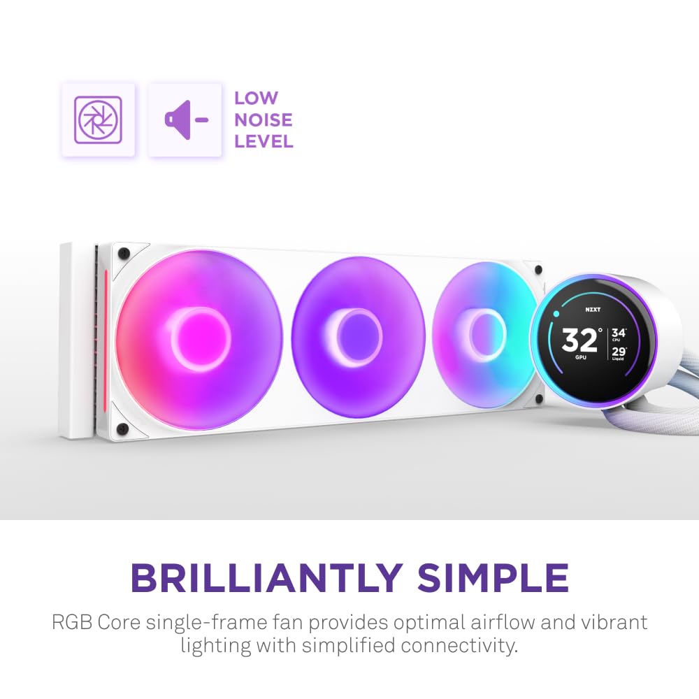 NZXT Kraken Elite 360 RGB - 360mm AIO CPU Cooler, LCD - White | 360mm RGB AIO with 2.36-inch LCD and F360 RGB Core fan. Flagship display cooling with synced RGB via CAM.