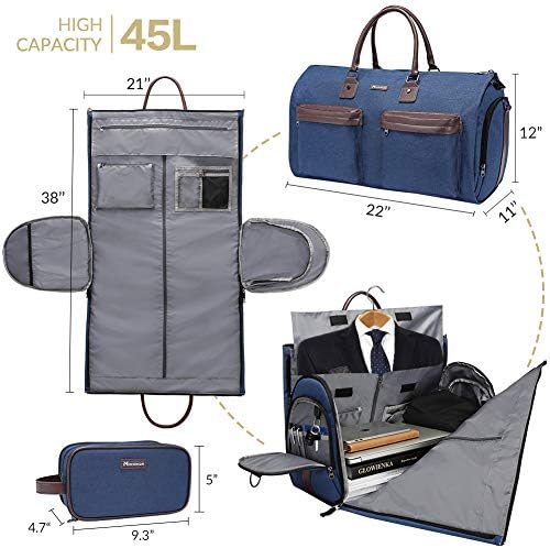 Convertible Garment Bag with Shoulder Strap, Modoker Carry on Garment Duffel Bag for Men Women - 2 in 1 Hanging Suitcase Suit Travel Bags, Blue, 45l