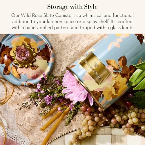 MACKENZIE-CHILDS Enamel Canister, Large, White Butterfly Garden | Hand-applied design, made from enameled steel, versatile kitchen storage container for flour and sugar, 64-ounce capacity