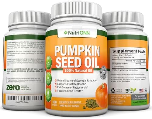 NutriONN Pumpkin Seed Oil - 1000MG - 180 Softgels - Cold-Pressed Natural Pumpkin Seed Oil - Natural Source of Essential Fatty Acids - Great for Hair