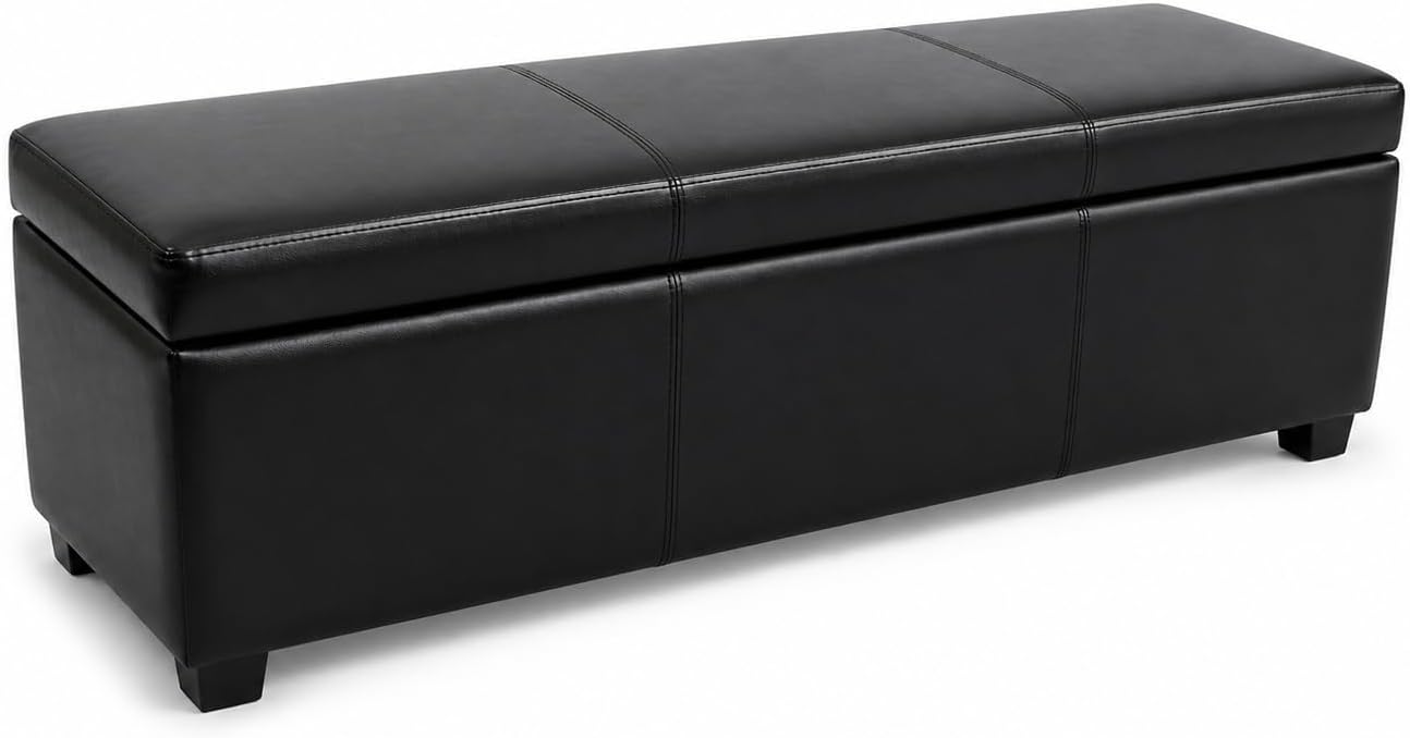 SIMPLIHOME Avalon 54" Wide Vegan Leather Storage Ottoman in Tanners Brown