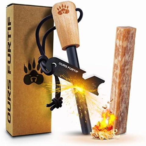 Ferro Rod Fire Starter Kit with Fatwood Tinder Stick - 3/8" Thick Ferrocerium Flint and Steel Fire Starter