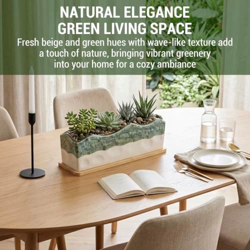 MyGift Beige Green Ceramic Glazed Rectangular Succulent Planter Pot
